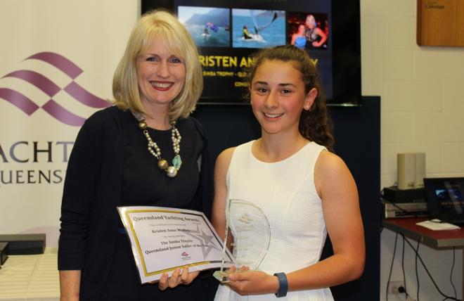 Queensland Yachting Awards 2015 winners. YQ Board member Lyn Hanlon with Junior Sailor of the Year winner Kristen Wadley.  © Tracey Johnstone